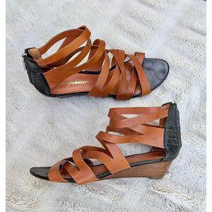 Rebecca Minkoff Cognac & Black Leather Low Wedge Gladiator Zip Back Sandals / 10